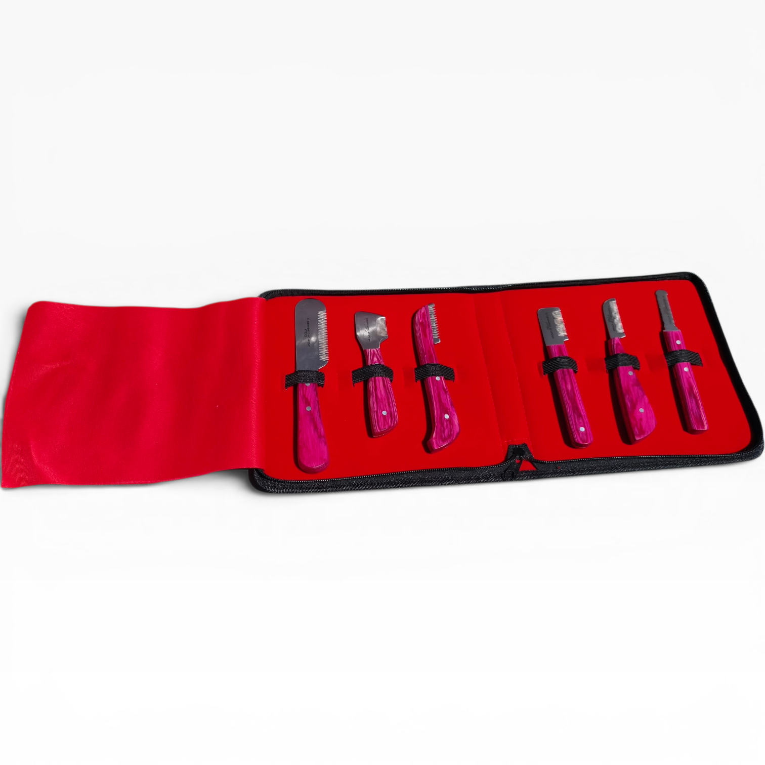 Kit profesional 6 cuchillas stripping perros acero inoxidable J1 Della International estuche rojo mangos madera rosa – Set completo hand stripping