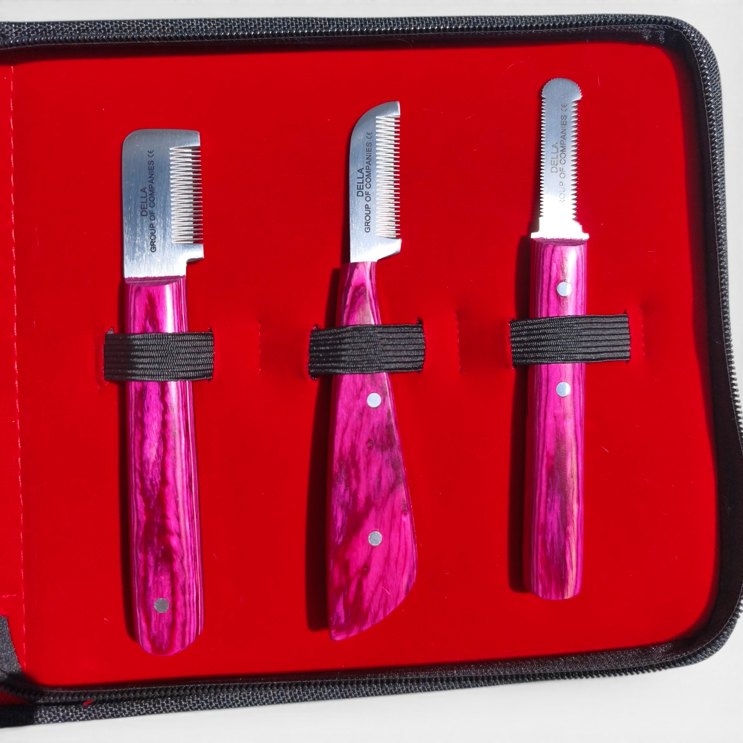 Cuchillas Fina, Detailing y Terrier – Acabado Profesional Cuchillas stripping fina extra fina detailing y terrier acero inoxidable J1 mangos rosa – Set profesional 6 piezas Della para peluquería canina España