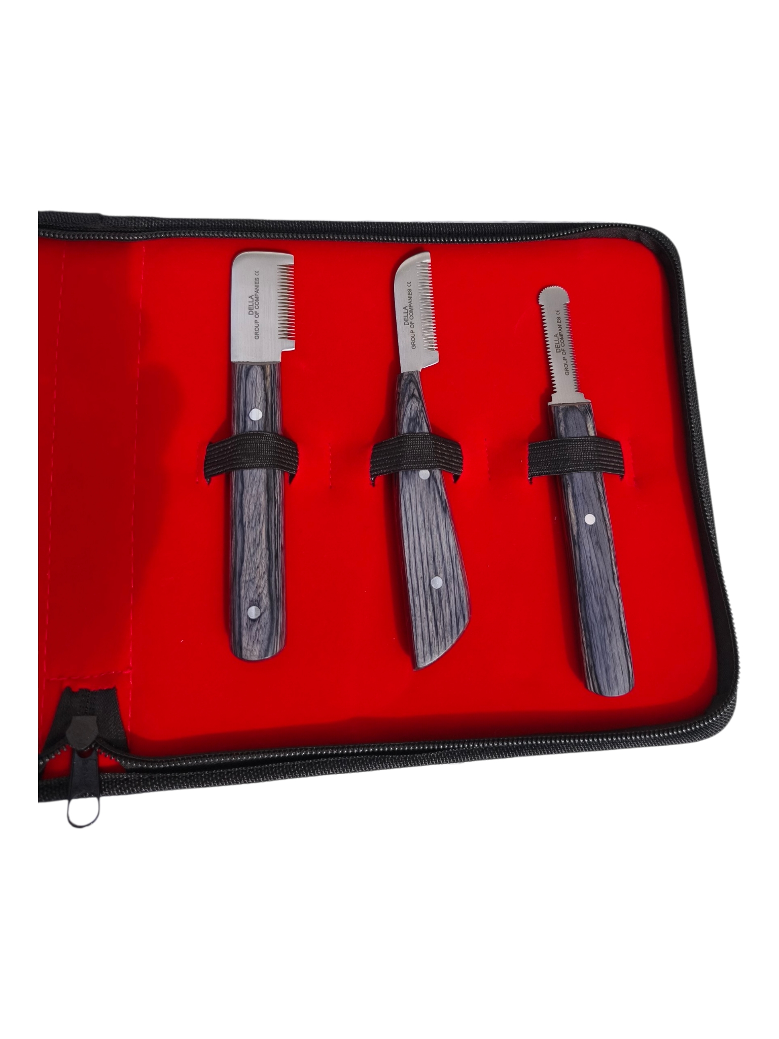 Cuchillas Fina, Detailing y Terrier – Acabado Profesional Cuchillas stripping fina extra fina detailing y terrier acero inoxidable J1 mangos gris oscuro– Set profesional 6 piezas Della para peluquería canina España
