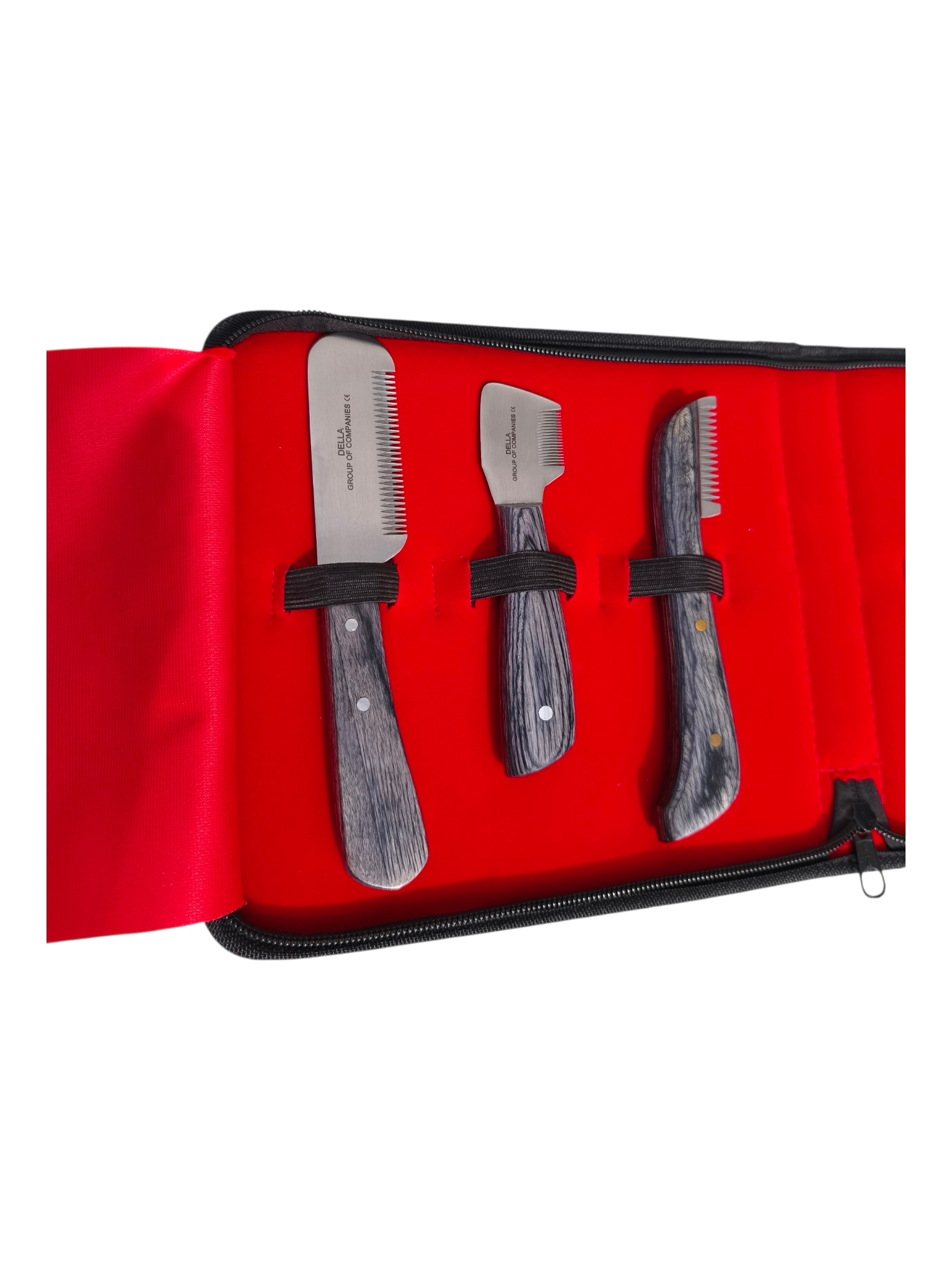 Cuchillas Stripping Gruesa, Media y Fina – Acero J1 Della Detalle cuchillas stripping profesionales carding gruesa media y fina acero J1 con mangos ergonómicos de madera gris oscuro – Kit Della International para perros