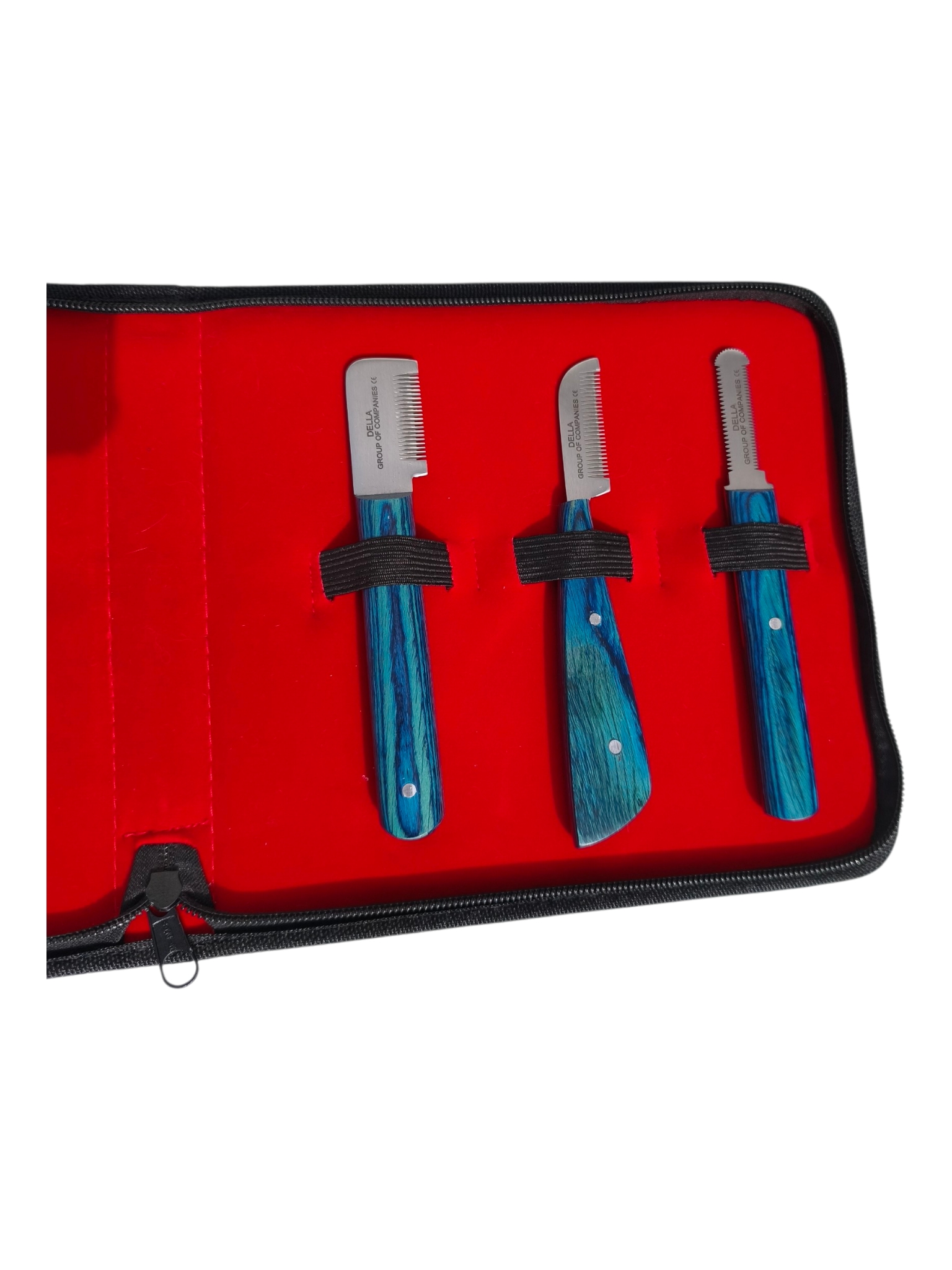 Cuchillas Fina, Detailing y Terrier – Acabado Profesional Cuchillas stripping fina extra fina detailing y terrier acero inoxidable J1 mangos azul – Set profesional 6 piezas Della para peluquería canina España
