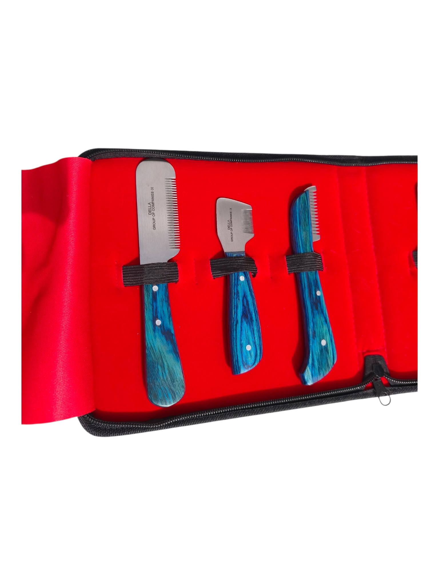 Cuchillas Stripping Gruesa, Media y Fina – Acero J1 Della Detalle cuchillas stripping profesionales carding gruesa media y fina acero J1 con mangos ergonómicos de madera azul – Kit Della International para perros